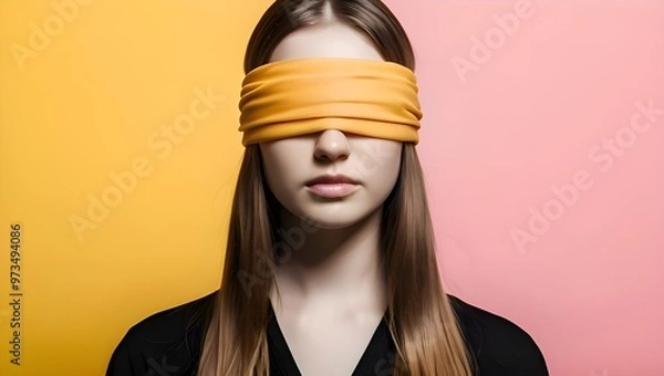 Fototapeta Portrait of a young woman with a blindfold on yellow background with copy space
