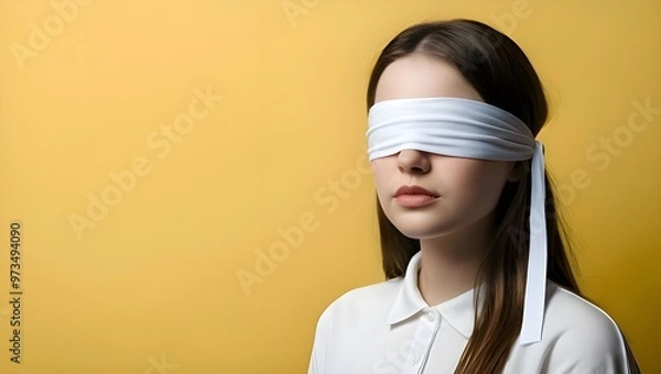 Fototapeta Portrait of a young woman with a blindfold on yellow background with copy space