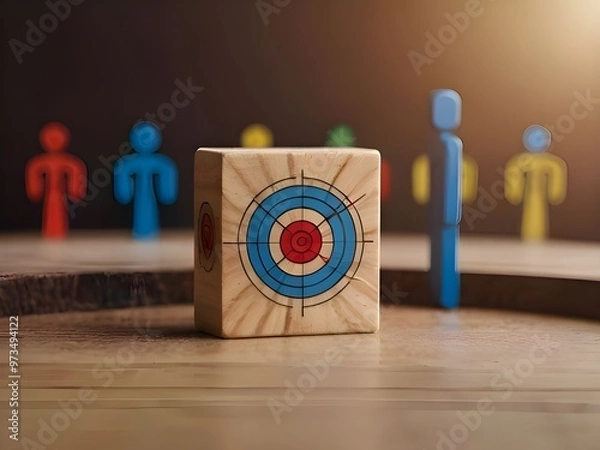 Fototapeta Customer relationship management concept wooden block with target icon linked with human icons