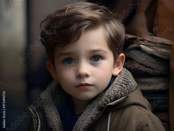 Fototapeta A young child is wearing a black leather jacket and a brown jacket