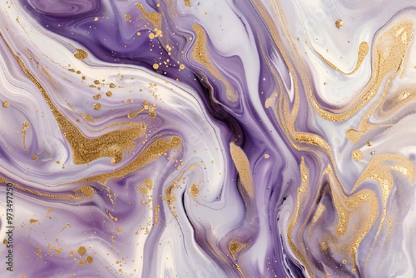 Obraz Close up of Liquid abstract marble painting background print with purple, white, gold glitter splatter texture.