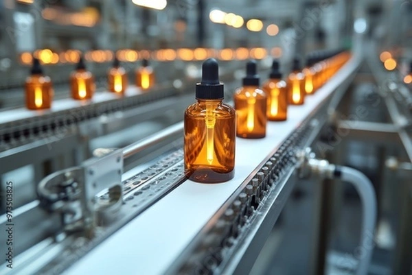 Fototapeta Production line for labeling cosmetics, glass bottles. Generative AI