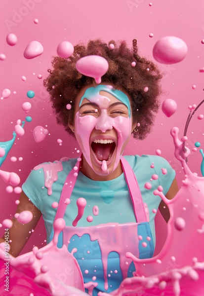 Fototapeta A cheerful baker surrounded by colorful, whimsical cakes and decorations shaped like animals and clouds, symbolizing creativity, fun, and playful baking.