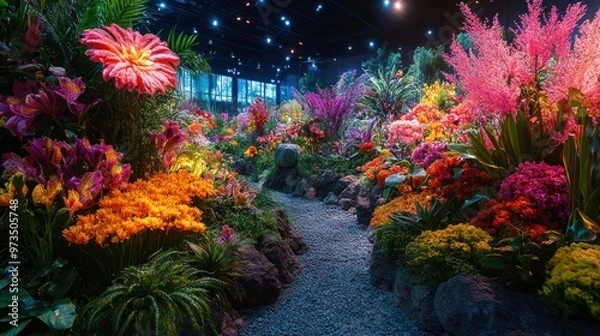 Fototapeta Vibrant floral garden path with colorful blooms and greenery.