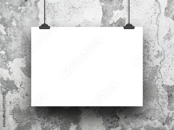Obraz Single hanged horizontal paper sheet frame with clips on cracked and scratched concrete wall background