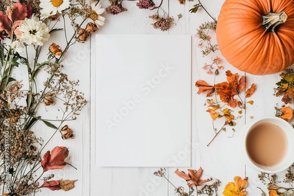 Fototapeta Autumn composition with orange pumpkins, fallen leaves, dry flowers on white wooden background. Flat lay, top view, copy space. Mockup card design. White blank vertical sheet of paper