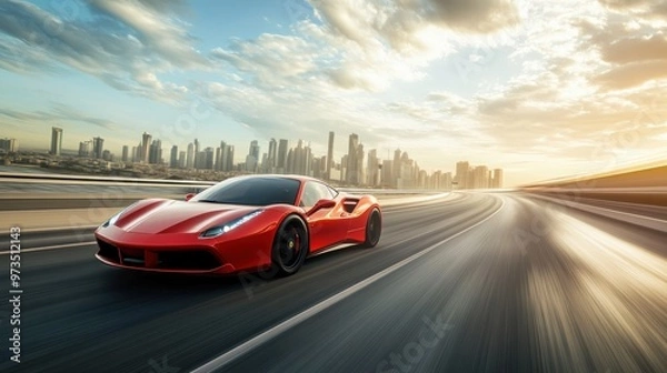 Fototapeta A red sports car speeding down a highway, with motion blur and the city skyline in the distance