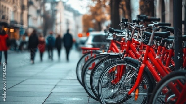 Fototapeta A row of red bicycles parked along a sidewalk in a busy city, with passersby walking in the background