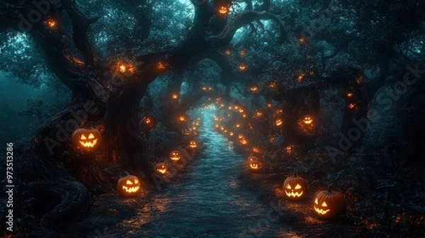 Fototapeta Enchanted forest path adorned with glowing Halloween pumpkins.