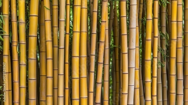 Fototapeta A row of bamboo sticks are shown in a forest setting. The bamboo is tall and slender, with a brownish hue. Concept of tranquility and natural beauty, as the bamboo stands tall