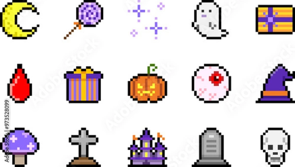 Obraz Pixel art Halloween motif icon vector set
