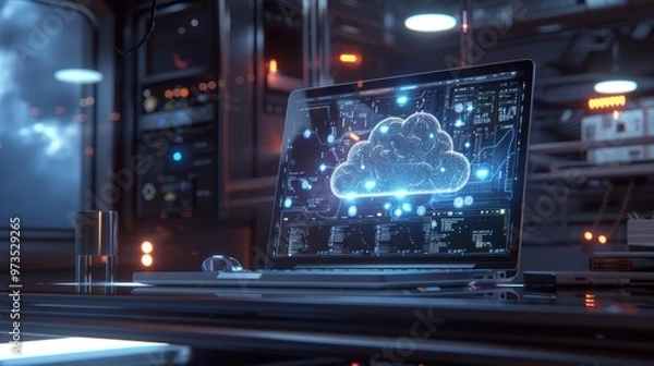 Fototapeta Laptop with cloud computing interface on screen in server room.