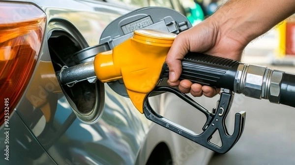 Fototapeta A hand holds a gasoline nozzle for refueling a car at a gas station, emphasizing the importance of fuel access and the convenience of modern transportation in everyday life