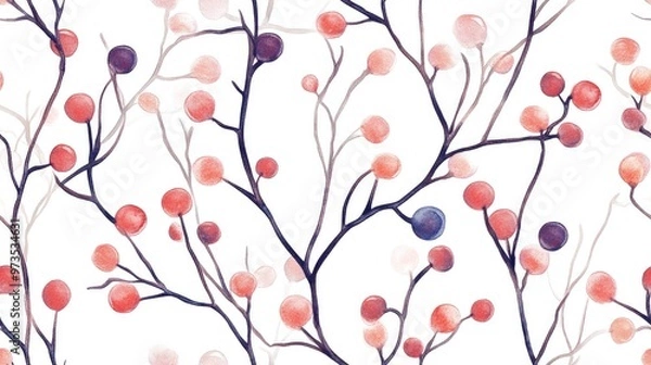 Fototapeta Abstract seamless pattern of intertwined twigs and berries Digitally hand drawn illustration featuring a watercolor texture Versatile motif for textile decoration and botanical designs