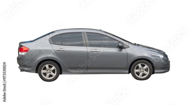 Fototapeta Side view of gray sedan sports car isolated with clipping path in png file format