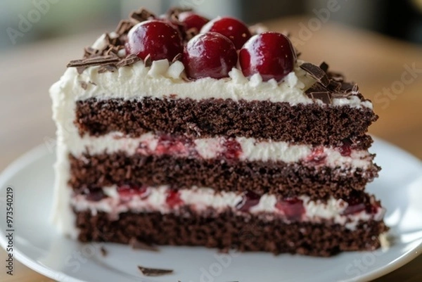 Obraz Slice of black forest cake with cherries and whipped cream