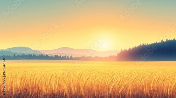 Fototapeta Golden Countryside Field At Sunset With Distant Forest And Soft Glow Light Golden Wheat Grain Field