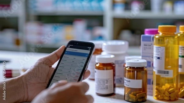 Obraz person using a smartphone to manage prescriptions next to various medication bottles on a pharmacy counter.