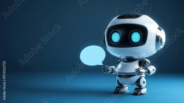 Fototapeta A 3D-rendered chat robot holding a speech bubble, symbolizing AI communication and virtual assistance