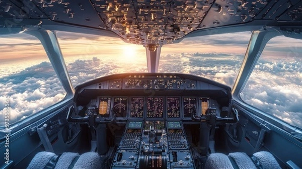 Fototapeta Airplane cockpit with a view of the clouds and a sunset over the horizon.