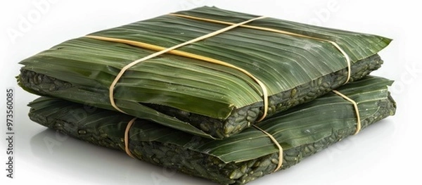 Fototapeta Stacked Bundled Bamboo Leaves in Green Tones with Rope Accents   Abstract Natural Background with Organic Texture and Minimal Design