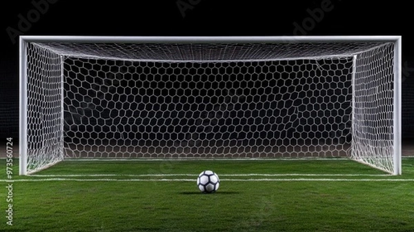 Fototapeta A soccer goal with a ball positioned in front, set on a grassy field.