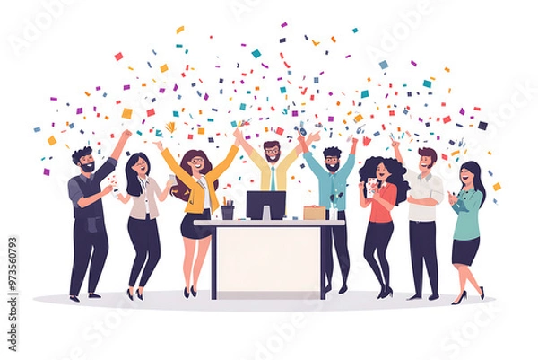 Fototapeta A group of office workers celebrating a successful project with confetti and cheers in a flat art style. The minimalistic design highlights teamwork and achievement