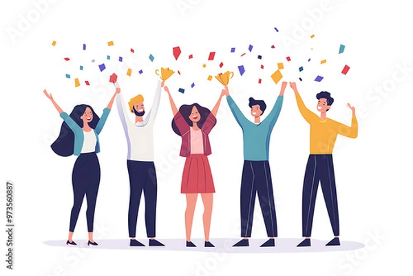 Fototapeta A group of office workers celebrating a successful project with confetti and cheers in a flat art style. The minimalistic design highlights teamwork and achievement