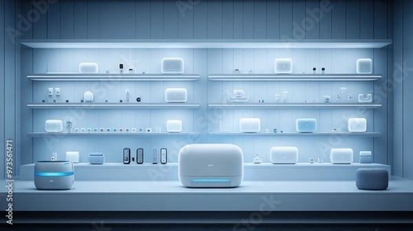 Obraz A display of modern electronic devices in a sleek, minimalist environment.