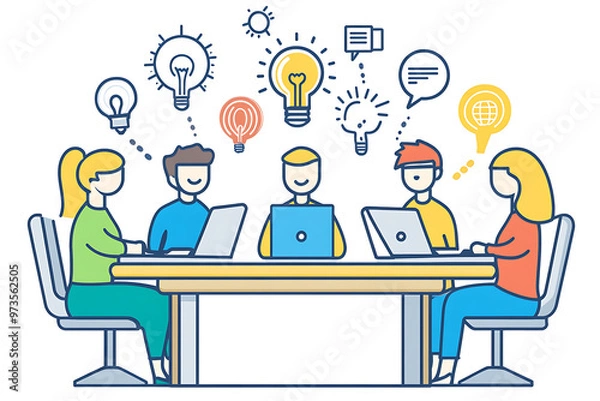 Fototapeta A group of people gathered around a table, engaged in a discussion about innovative ideas, with a laptop at the center. The scene highlights teamwork, collaboration, and creativity and ideas