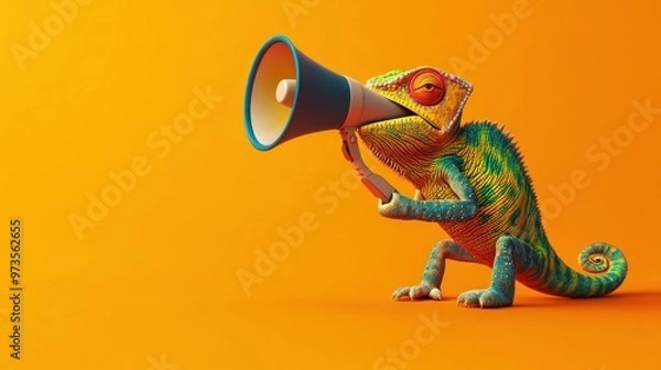 Obraz Colorful chameleon holding a blue megaphone on a vibrant orange background.
