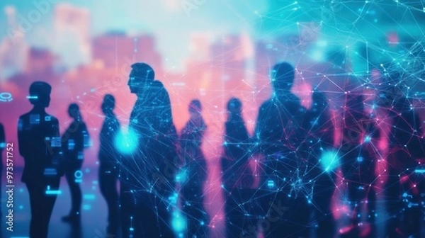 Fototapeta Silhouettes of people walking through a network of glowing lines.