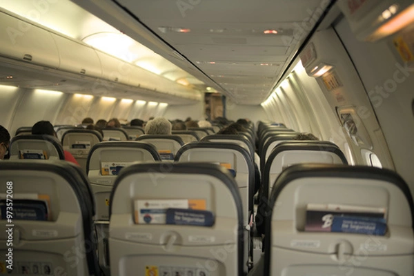 Fototapeta Back view of an airplane seats with few passengers.