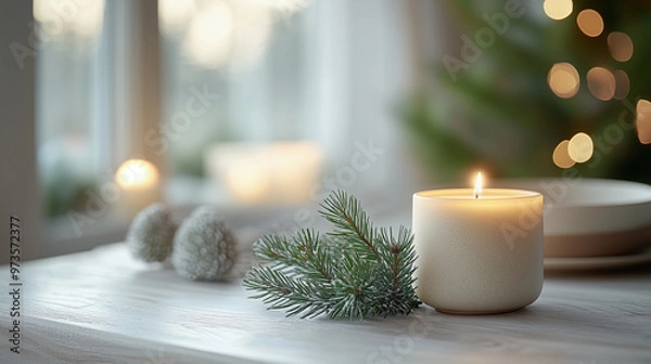 Obraz minimalist background with a white candle and christmas decoration symbolizing relaxation, tranquility, and prosperity