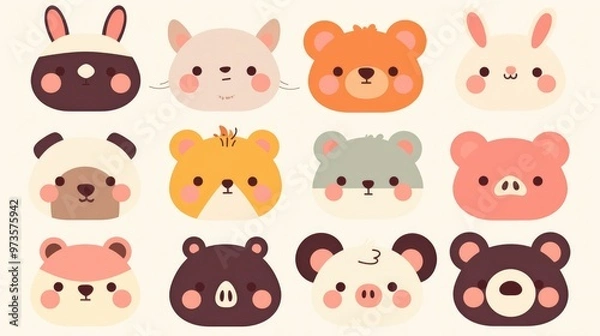 Fototapeta Collection of adorable animal faces featuring a rabbit giraffe bear and pig Ideal for baby cards invitations nursery decor and apparel Modern vector illustration in a playful cartoon style