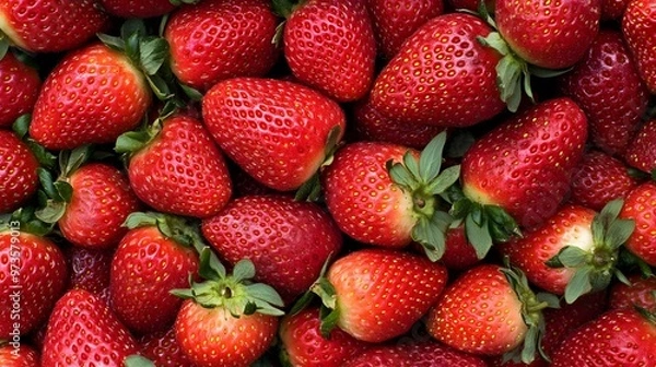 Fototapeta A vibrant display of fresh strawberries, showcasing their bright red color and green leaves, perfect for culinary and health themes.