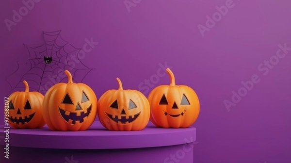 Fototapeta large pumpkins next to an empty orange platform against a smooth purple background, perfect for fall-themed displays.