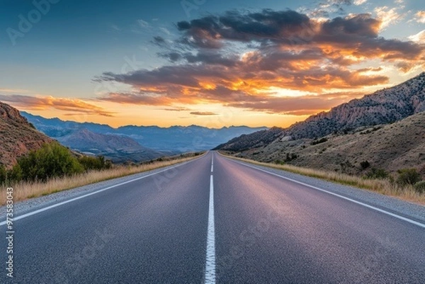 Fototapeta Asphalt highway road and mountain with sky clouds at sunset, ai