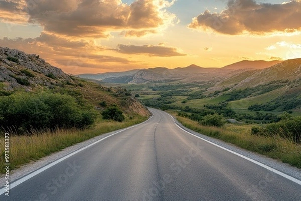 Fototapeta Asphalt highway road and mountain with sky clouds at sunset, ai