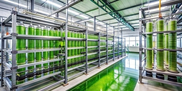 Fototapeta High tech lab setting with algae farm equipment producing bio fuel as a sustainable energy source , Algae, farm