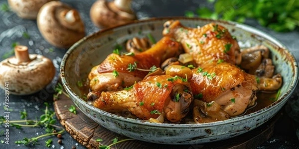 Fototapeta Stuffed chicken thighs accompanied by a mushroom and onion sauce, served in a ballotin.