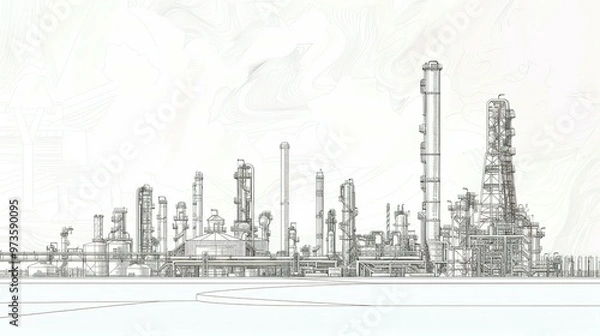 Obraz Detailed Line Drawing of an Industrial Refinery Complex