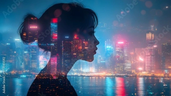 Fototapeta urban skyline at night, vibrant, energy, city life, nightlife, close up, focus on, copy space, bright colors, sharp contrasts, Double exposure silhouette with a person gazing