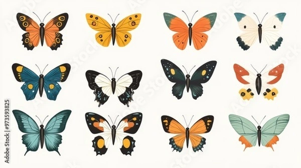 Fototapeta Whimsical Collection of 30 Colorful Cartoon Butterflies in Simple Flat Design on Transparent Background