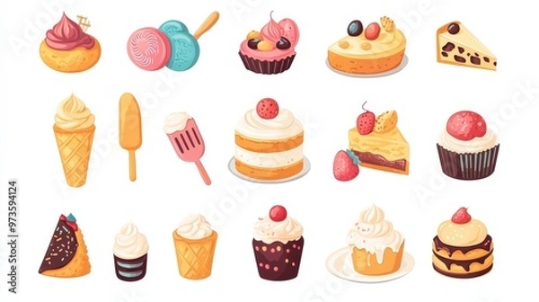 Fototapeta Sweet Delights: Minimalist Vector Illustration of Assorted Desserts and Pastries in 2D Flat Style
