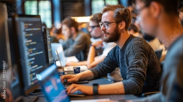 Obraz Diverse Students Learning Programming, Front-End and Back-End Development, Android App Development, and Other Technologies in a University Classroom.