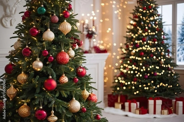 Fototapeta Opulent Christmas Tree Adorned with Elegant Ornaments and Stunning Bokeh Lighting in a Winter Wonderland