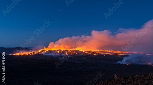 Fototapeta Majestic Volcanic Eruption with Flowing Lava and Billowing Smoke Illuminating the Night Sky, Capturing the Raw Power of Nature in an Awe-Inspiring Scene
