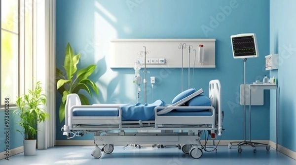 Fototapeta Empty hospital bed with IV pole and monitor in a blue room.