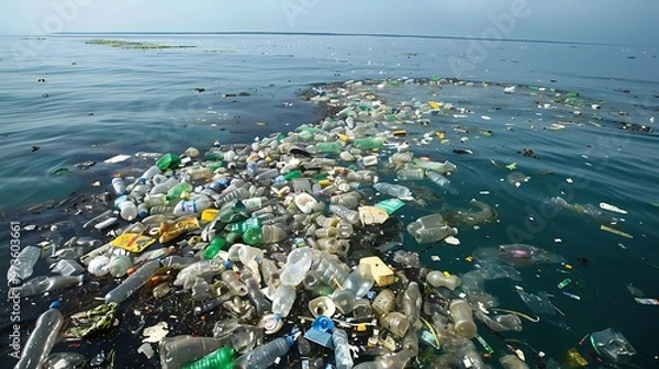 Fototapeta A massive garbage patch floating in the ocean, a stark accumulation of plastic waste and debris swirling in the currents. The disturbing sight underscores the scale of marine pollution and the 